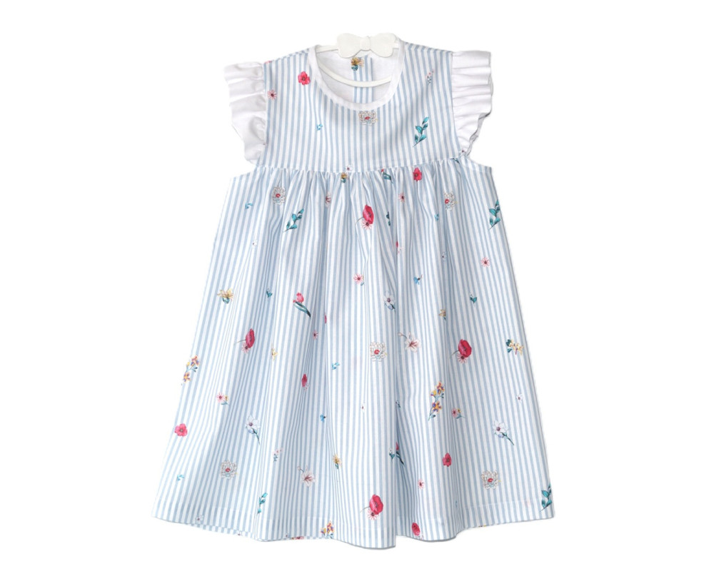 Sommerkjole i Poplin, blå stribet med vilde blomsterd fra Tom&Lisa