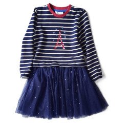 Langærmet Bretonstribet kjole med Eiffeltårnsbroderi fra Tom&Lisa