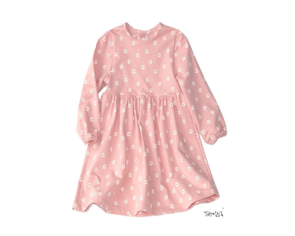 Langærmet kjole med søde blomster, Lyserosa, 100% bomuld