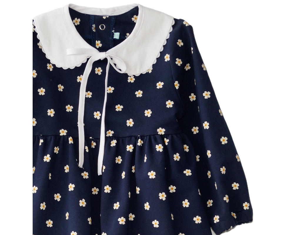 Langærmet kjole med søde blomster, NaviBlå, 100% bomuld