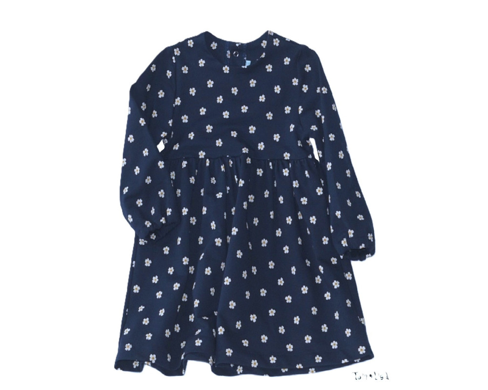 Langærmet kjole med søde blomster, NaviBlå, 100% bomuld