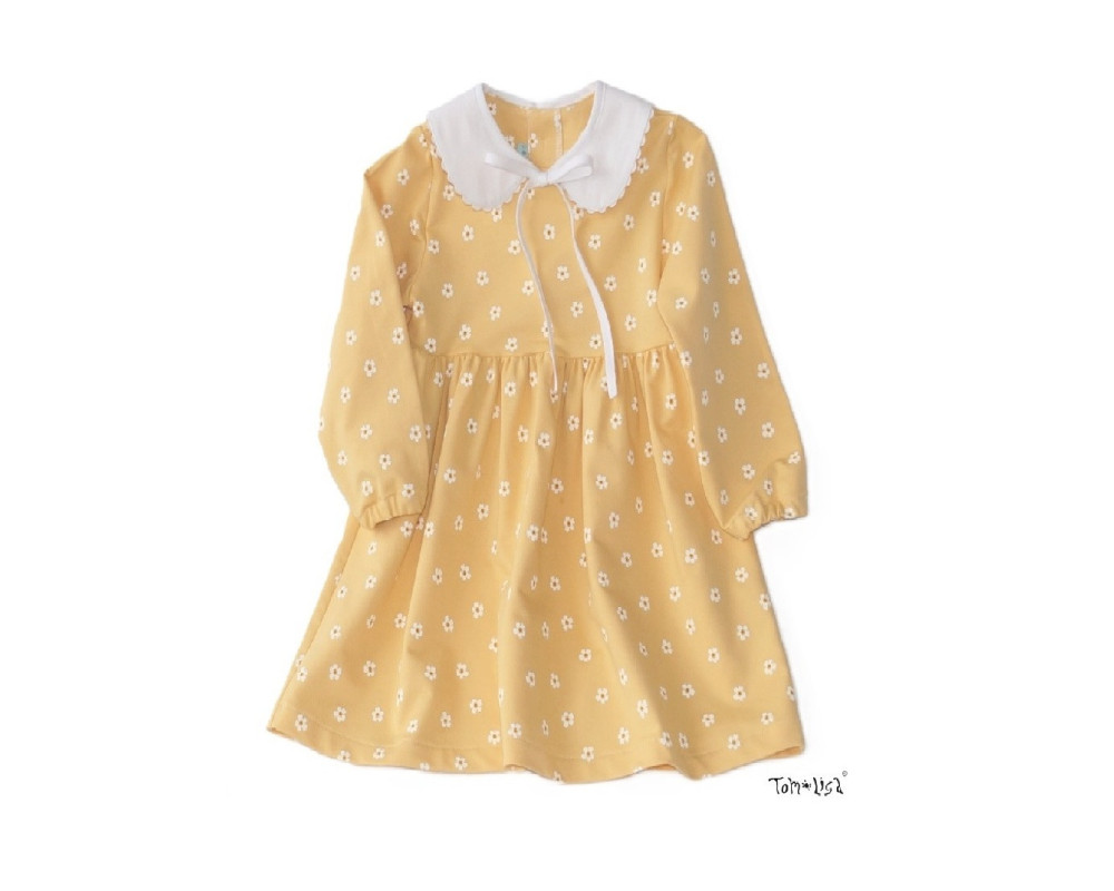 Langærmet kjole med søde blomster,  Gul, 100% bomuld