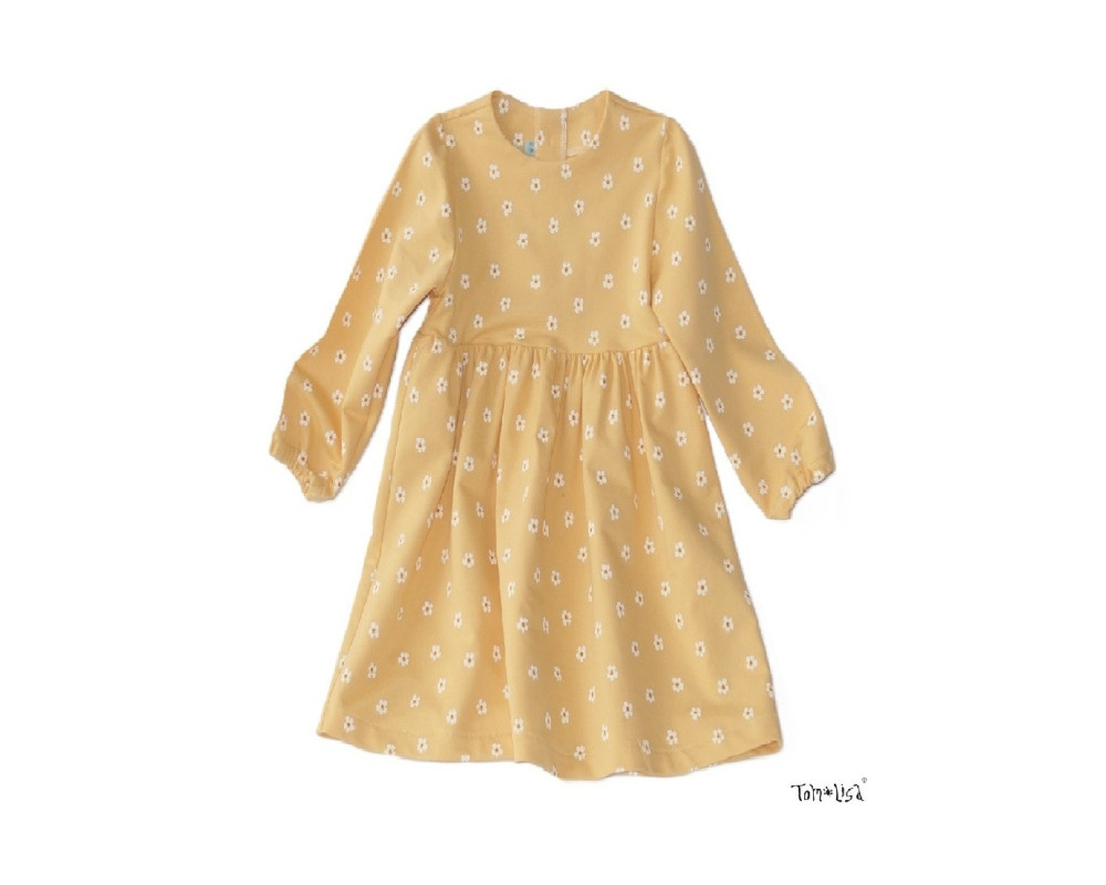 Langærmet kjole med søde blomster,  Gul, 100% bomuld