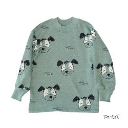 Mørk mintgrøn sweatshirt med søde hunde, lavet af blød Isoli melange i Danmark.