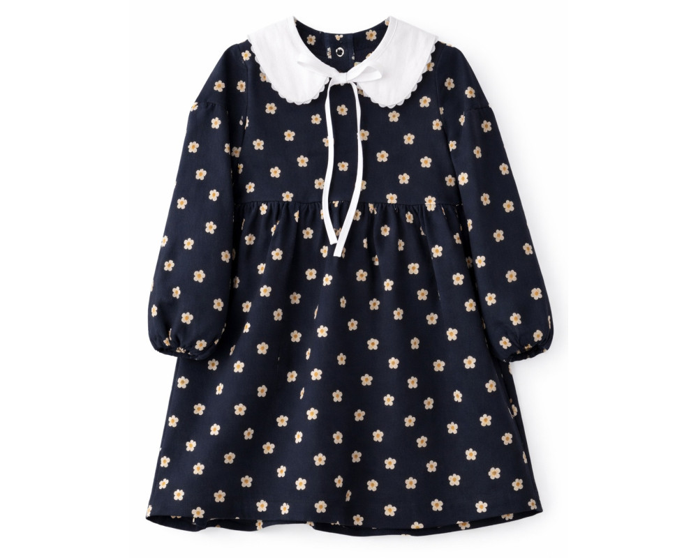 Langærmet kjole med søde blomster, NaviBlå, 100% bomuld